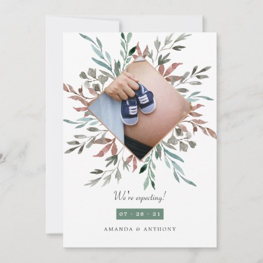 冬の素朴緑色写真妊娠 案内状 (正面)