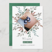 冬の素朴緑色写真妊娠 案内状 (正面/裏面)