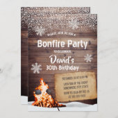 冬の素朴雪片ボンファイアバースデーパーティー 招待状 (正面/裏面)