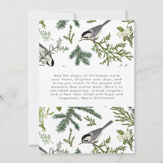 冬の素朴鳥と松のスプレーのクリスマス シーズンカード (裏面)
