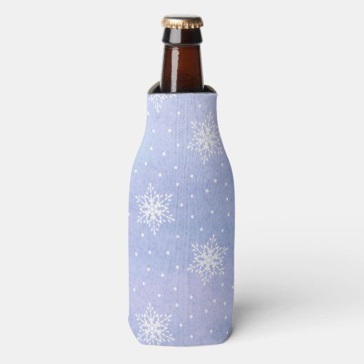 冬の紫と青空 白い雪の結晶 ドット ボトルクーラー (ボトル正面)