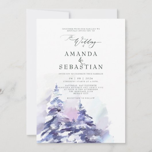 冬の紫の松の雪の結婚式パーティー 招待状 (正面)