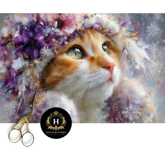 冬の紫の花の猫デコパージュクラフトペーパー 薄葉紙