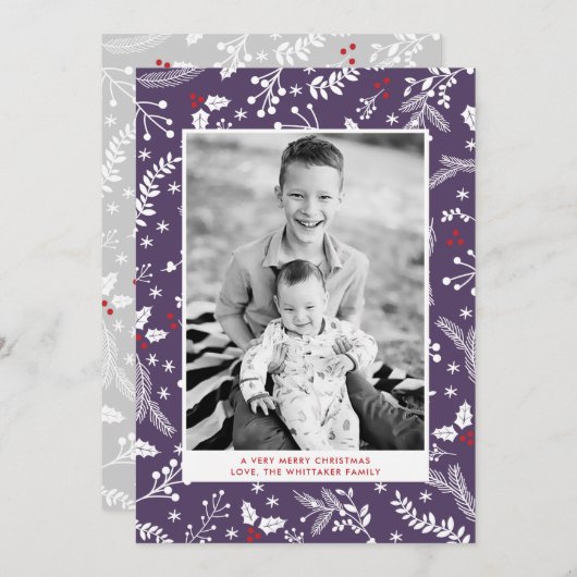 冬の紫色の実りクリスマス ホリデー フラット カード (正面/裏面)