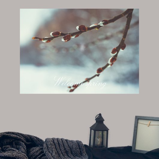 冬の終わりにカチキンを持つプッシー柳の枝 ポスター