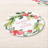 冬の結婚する花の水彩画のリース| ラウンドペーパーコースター (アングル)