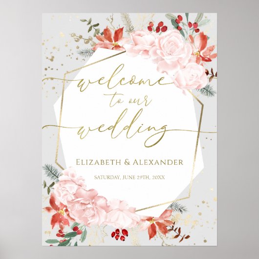冬の結婚式のウェルカムサインギルド水色 ポスター (正面)