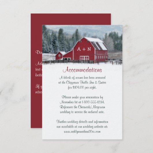 冬の結婚式のエンクロージャカードのモノグラムの赤い納屋 エンクロージャーカード (正面/裏面)