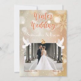 冬の結婚式のカップルの写真結婚金ゴールド 招待状