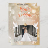 冬の結婚式のカップルの写真結婚金ゴールド 招待状 (正面/裏面)
