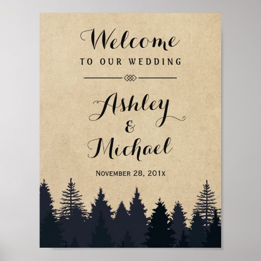 冬の結婚式のサイン素朴松の木クラフト ポスター (正面)