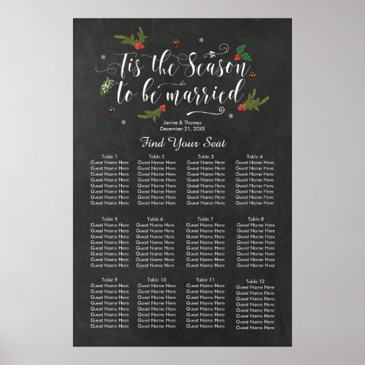 冬の結婚式のシーティングチャートのサイン ポスター (正面)