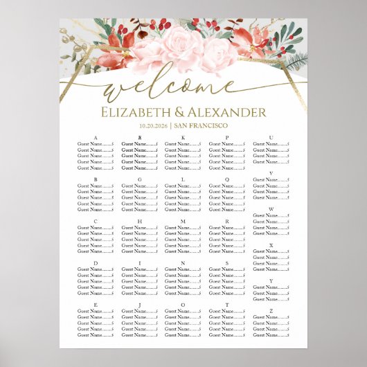 冬の結婚式のシーティングチャート金箔の水色 ポスター (正面)