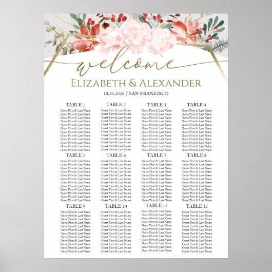 冬の結婚式のシーティングチャート金箔の水色 ポスター (正面)