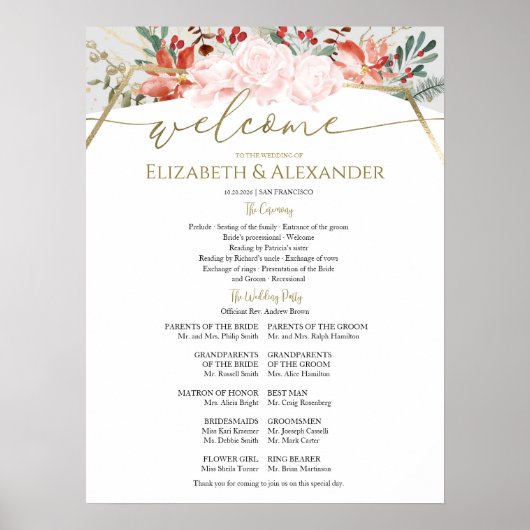 冬の結婚式のプログラムの署名ギルドフローラ ポスター (正面)