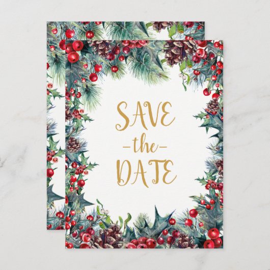 冬の結婚式のホリデークリスマス日付を保存 案内ポストカード (正面/裏面)