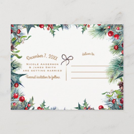 冬の結婚式のホリデークリスマス日付を保存 案内ポストカード (裏面)