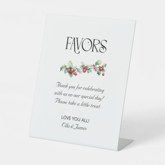 冬の結婚式のホリーと果実がテーブルの看板を好む 台座サイン (正面)