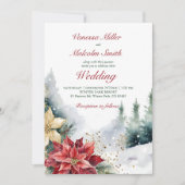 冬の結婚式のポインセチアと松のオールインワンテンプレート 招待状 (正面)
