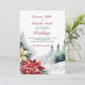 冬の結婚式のポインセチアと松のオールインワンテンプレート 招待状 (スタンド正面)