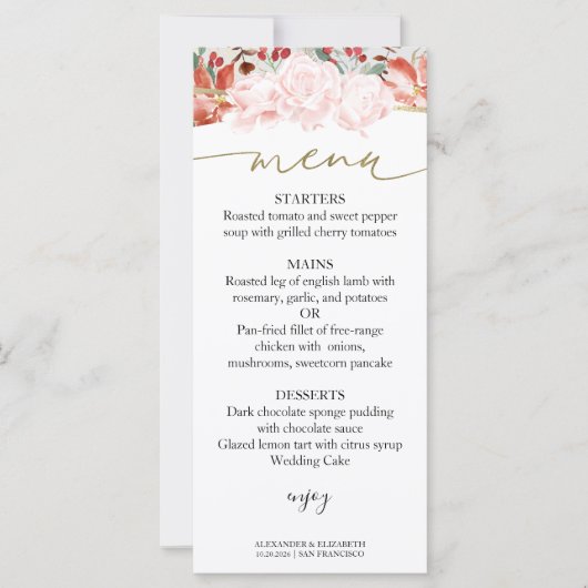 冬の結婚式のメニューカード金箔の水色フローラ