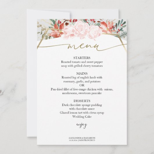 冬の結婚式のメニューカード金箔の水色フローラ 招待状 (正面)