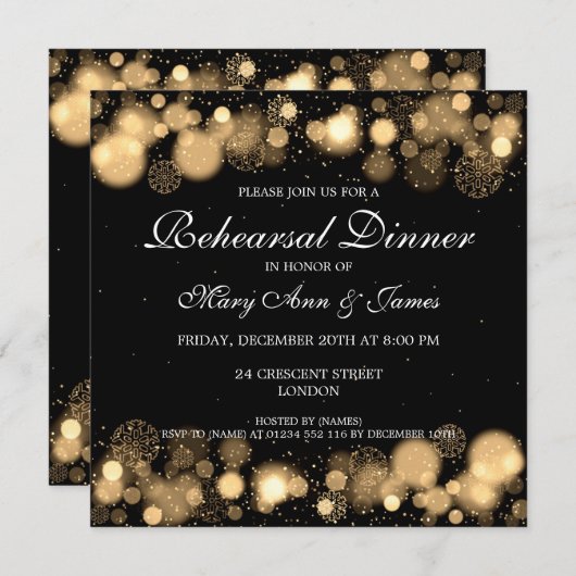 冬の結婚式のリハーサルの夕食の金ゴールドライト 招待状 (正面/裏面)