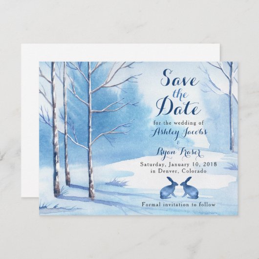冬の結婚式の保存日付の木のウサギ セーブザデート (正面/裏面)