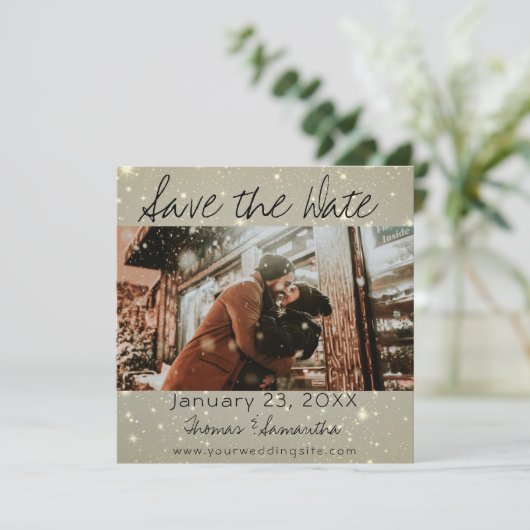 冬の結婚式の写真でお知らせする「Save The Date」 招待状 (スタンド正面)