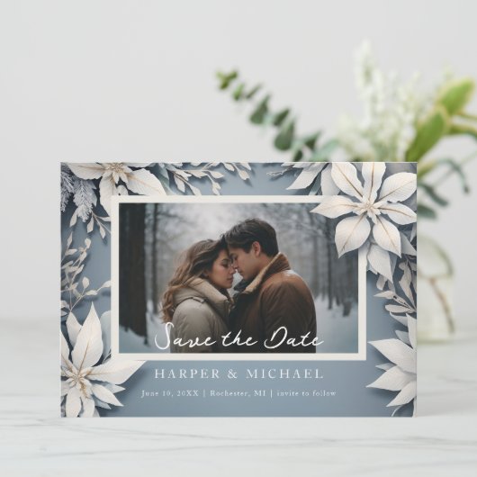 冬の結婚式の写真は日付を保存 招待状 (スタンド正面)