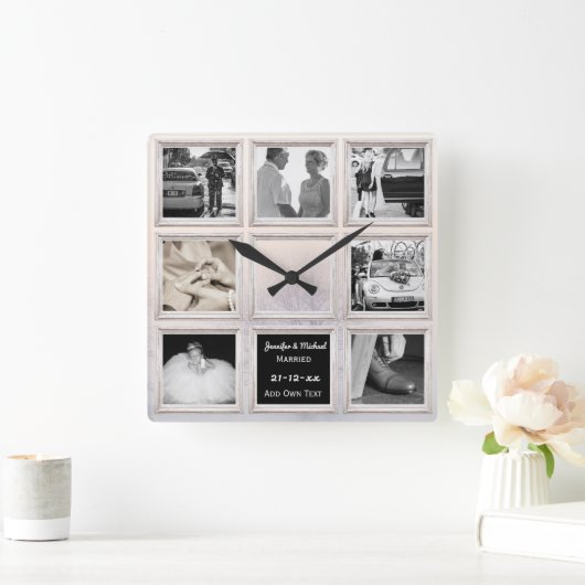 冬の結婚式の写真コラージュまたはアニバーサリースノー スクエア壁時計 (ホーム)