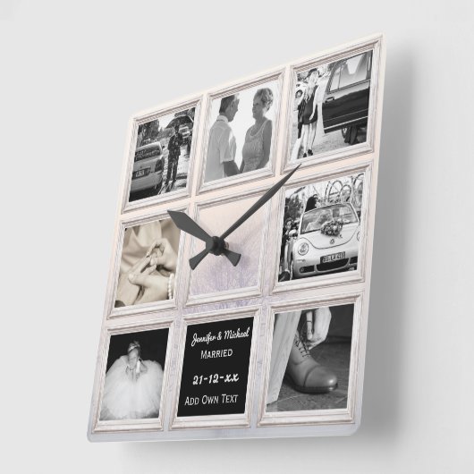 冬の結婚式の写真コラージュまたはアニバーサリースノー スクエア壁時計 (傾斜)