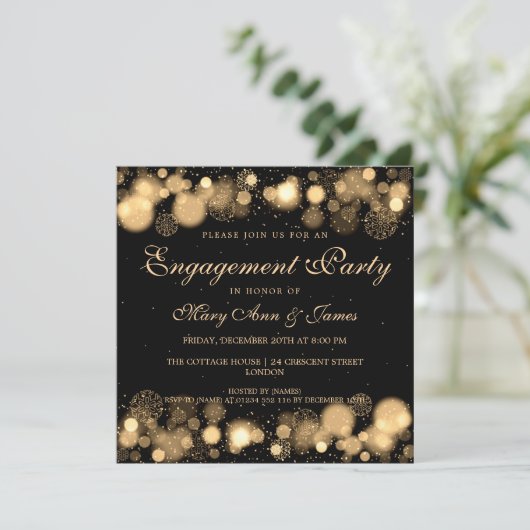 冬の結婚式の婚約パーティ金ゴールド灯 招待状 (スタンド正面)