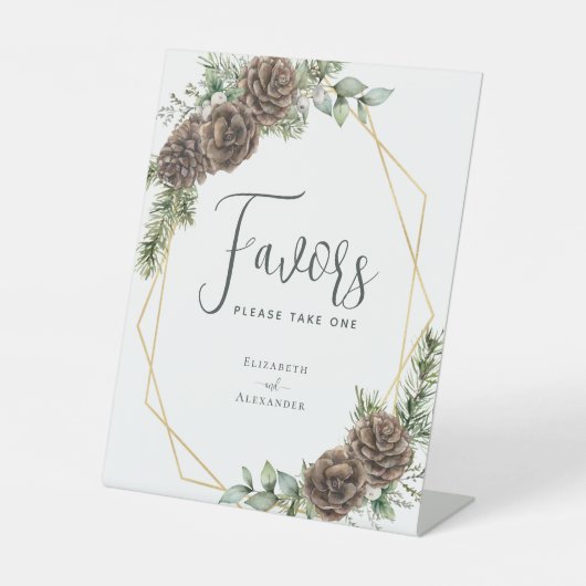 冬の結婚式の常緑の松の円錐好意 台座サイン (正面)