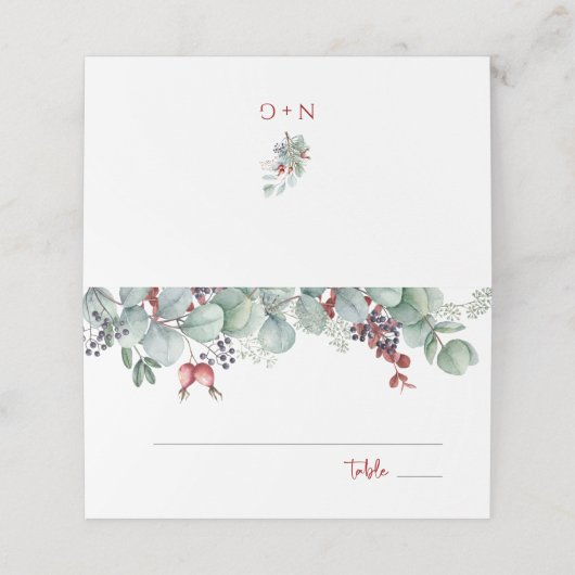 冬の結婚式の折り畳み座席表ユーカリ松 プレイスカード (外部開封)
