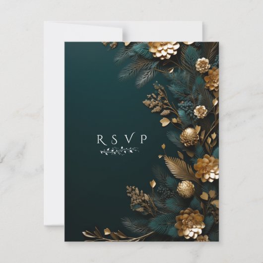 冬の結婚式の松のコーンと金ゴールド松の針 出欠カード (正面)