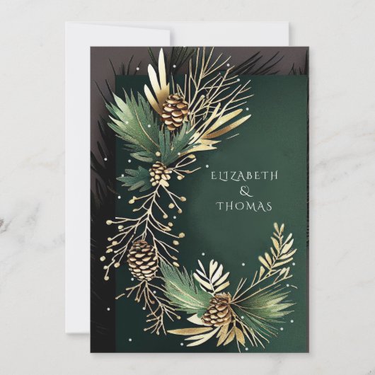 冬の結婚式の松のコーンと金ゴールド松の針 招待状 (正面)