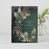 冬の結婚式の松のコーンと金ゴールド松の針 招待状 (スタンド正面)