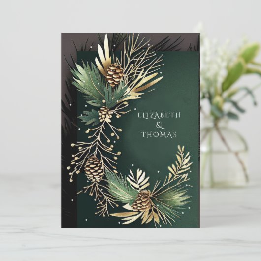 冬の結婚式の松のコーンと金ゴールド松の針 招待状 (スタンド正面)