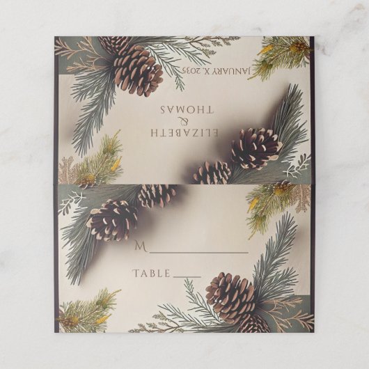 冬の結婚式の松の円錐松の針 プレイスカード (外部開封)