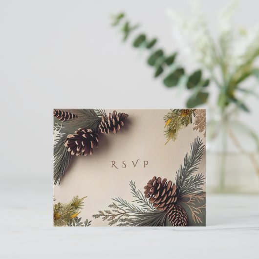 冬の結婚式の松の円錐松の針 出欠カード (スタンド正面)