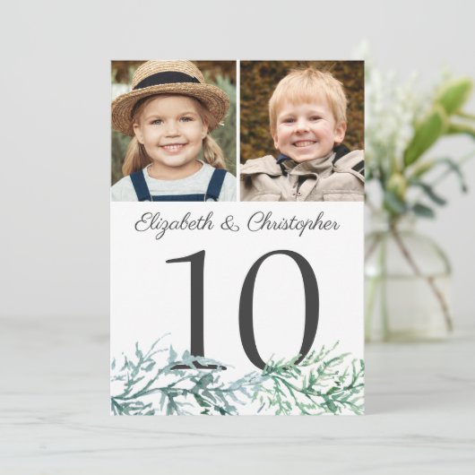 冬の結婚式の松の写真テーブル番号記号 招待状 (スタンド正面)