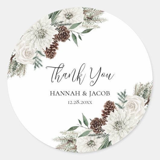 冬の結婚式の松の恵みありがとう ラウンドシール (正面)