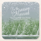 冬の結婚式の松の木の湖のグリーンアート スクエアペーパーコースター (正面)