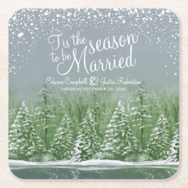 冬の結婚式の松の木の湖のグリーンアート スクエアペーパーコースター
