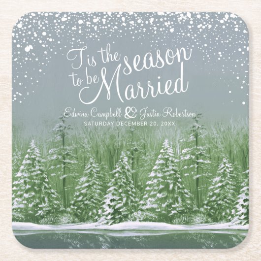 冬の結婚式の松の木の湖のグリーンアート スクエアペーパーコースター (正面)