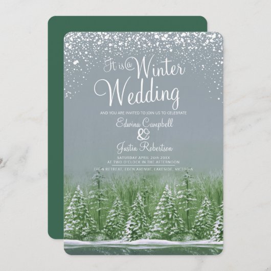 冬の結婚式の松の木の湖の灰色の緑の芸術 招待状 (正面/裏面)
