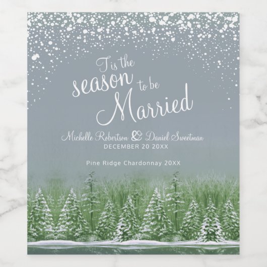 冬の結婚式の松の木の湖の緑の灰色の芸術 ワインラベル (シングルラベル)