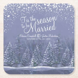 冬の結婚式の松の木の湖の青い芸術 スクエアペーパーコースター