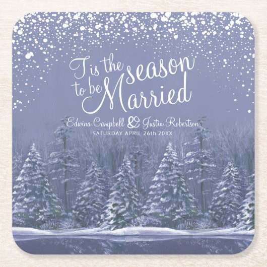 冬の結婚式の松の木の湖の青い芸術 スクエアペーパーコースター (正面)